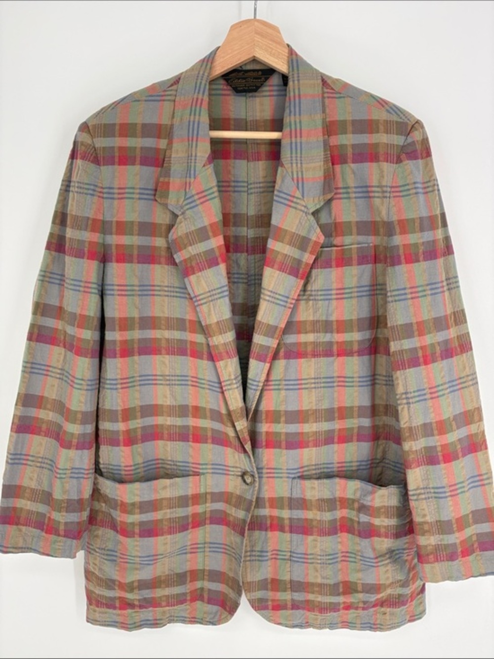 🐄 Eddie Bauer cotton Plaid Single-Button Blazer vintage w shoulder pads